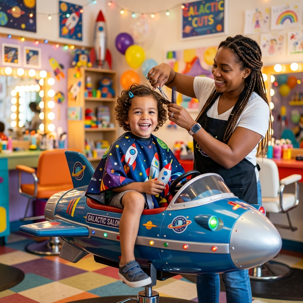 Niño feliz recibiendo un corte mágico en Tinkerbell
